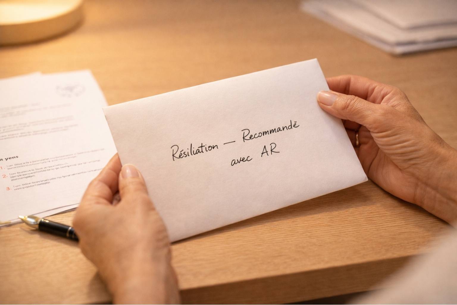Mains d'une femme senior tenant une enveloppe recommandée de résiliation de mutuelle, posée sur un bureau avec les étapes de la démarche