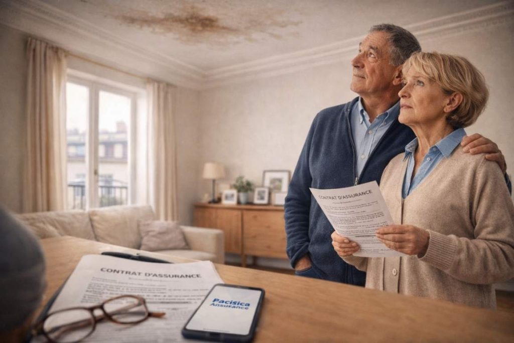 Couple de seniors français examinant des documents d'assurance habitation après un dégât des eaux au plafond