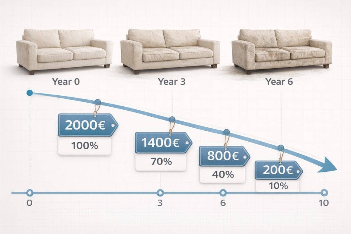 Infographie montrant l'évolution de la vétusté d'un canapé neuf de 2000€ sur 10 ans : de 100% de valeur à l'achat jusqu'à 10% de valeur après 10 ans, avec étapes à 3, 6 et 10 ans