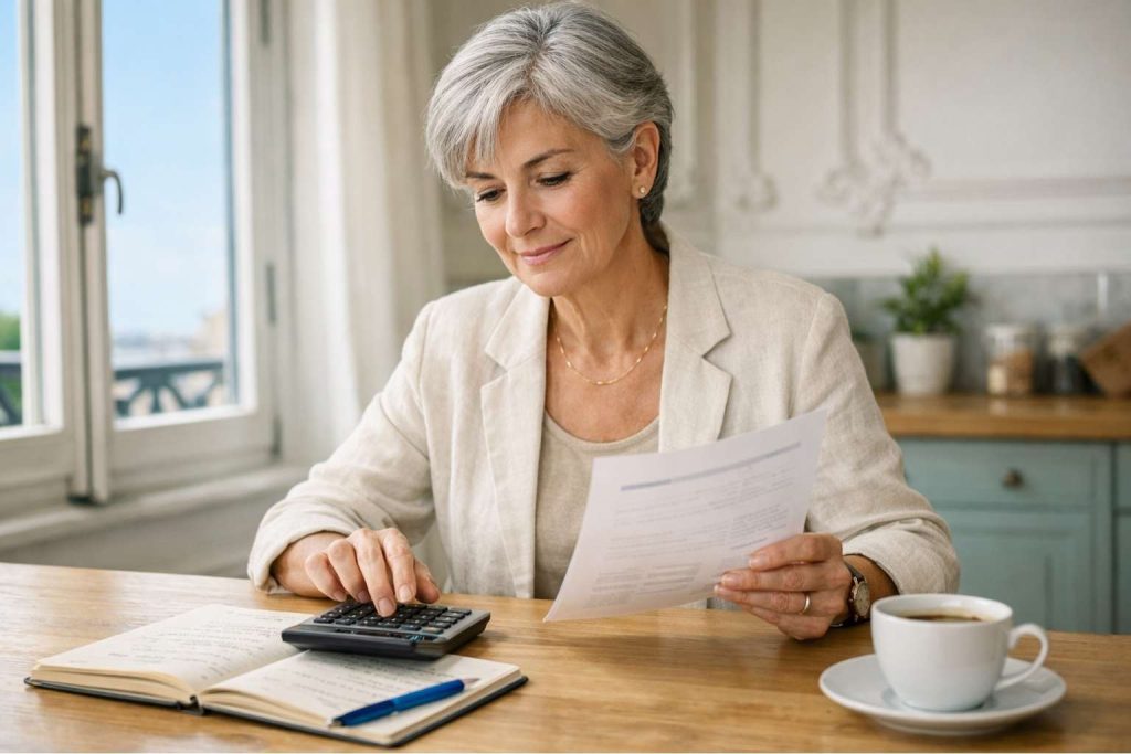 Une femme senior française analyse sa feuille de cotisation mutuelle avec une calculatrice dans une cuisine parisienne ensoleillée