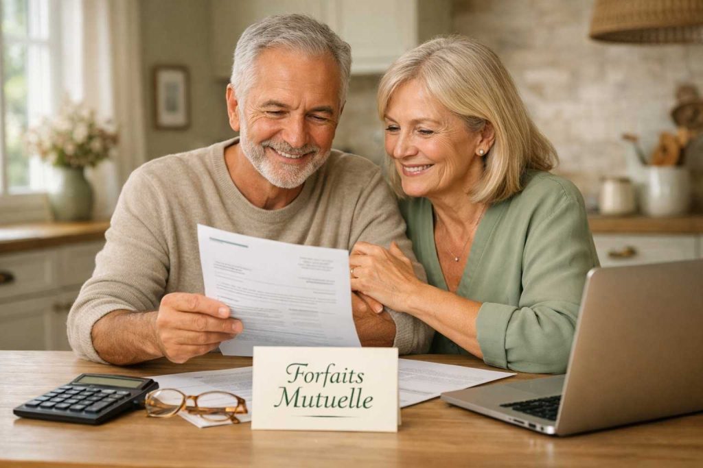 Couple de seniors français consultant sereinement leurs documents de mutuelle santé à domicile