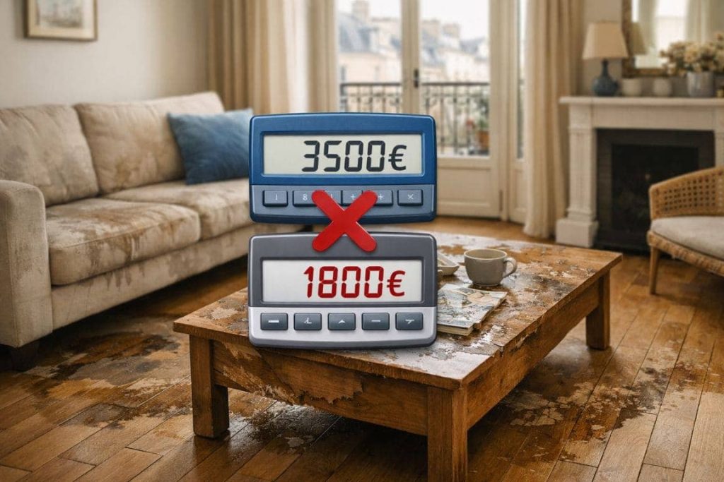 Salon parisien endommagé par un dégât des eaux avec calcul visuel montrant la différence entre le coût des dommages (3500€) et l'indemnisation réelle après franchise et vétusté (1800€)