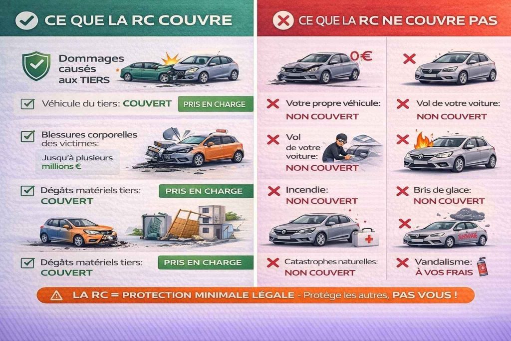 Infographie montrant ce qui est couvert et non couvert par l'assurance responsabilité civile automobile