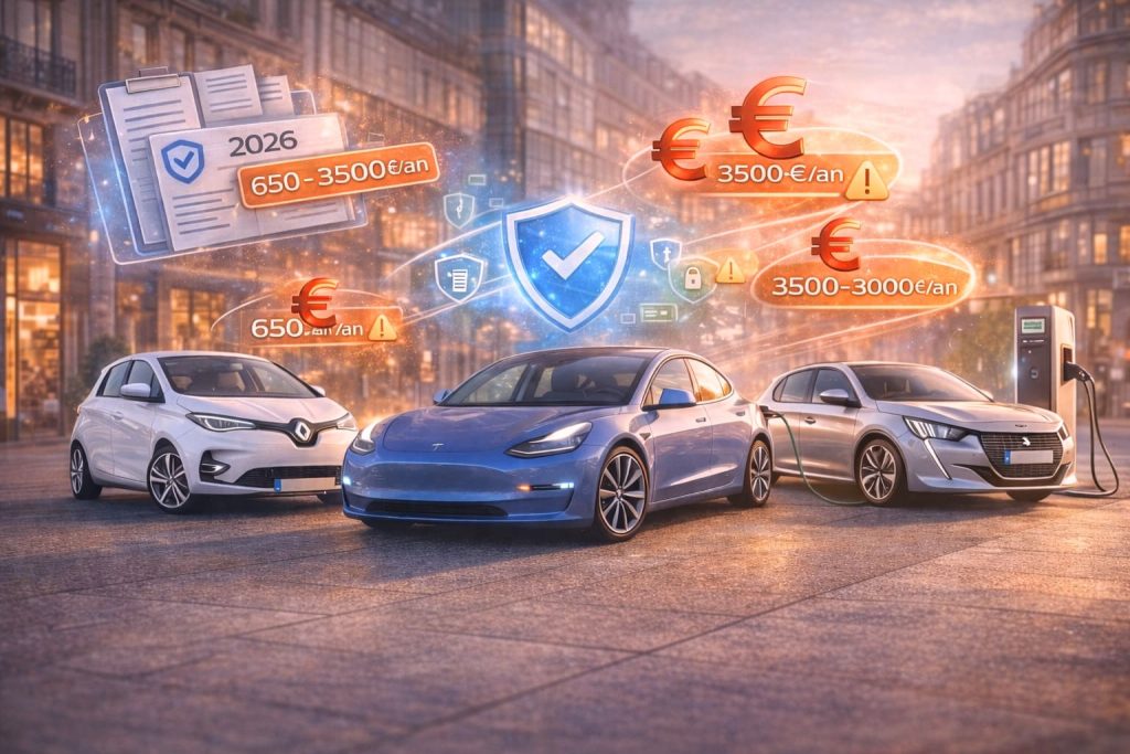 Trois voitures électriques modernes (Renault Zoe, Tesla Model 3, Peugeot e-208) dans un environnement urbain français avec éléments d'assurance holographiques flottants
