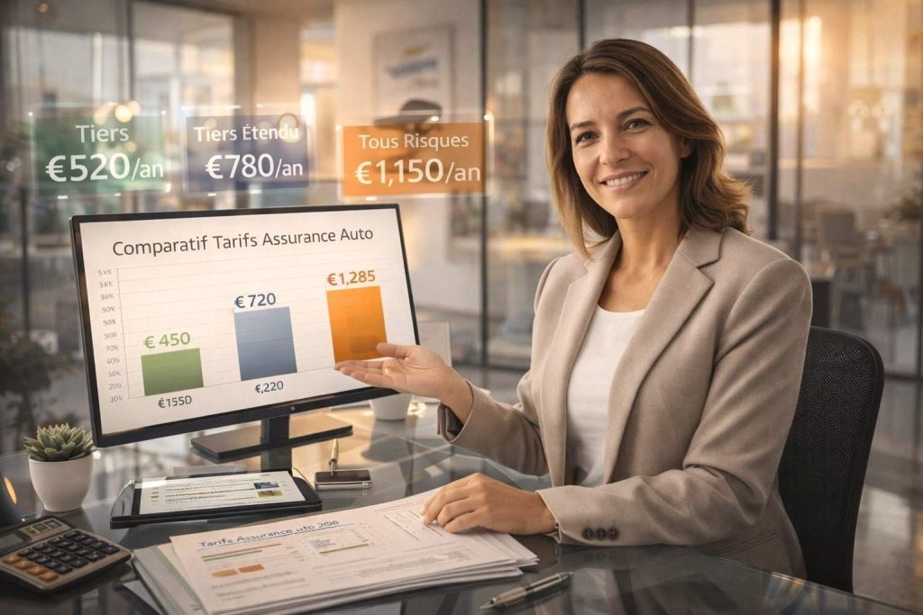 Conseillère en assurance présentant les tarifs moyens d'assurance auto 2026 avec comparaison des différentes formules