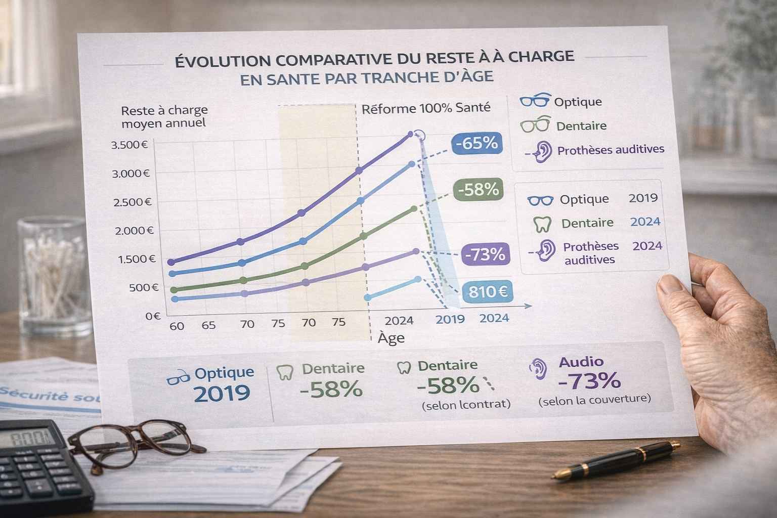 Graphique d'évolution du reste à charge moyen par âge pour optique, dentaire et audioprothèses comparant 2019 et 2024