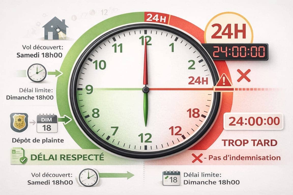 Infographie pédagogique montrant une horloge de 24 heures divisée en zone verte (délai respecté de 0 à 24h) et zone rouge (trop tard après 24h), avec exemples de découverte du vol et délai limite de déclaration au commissariat