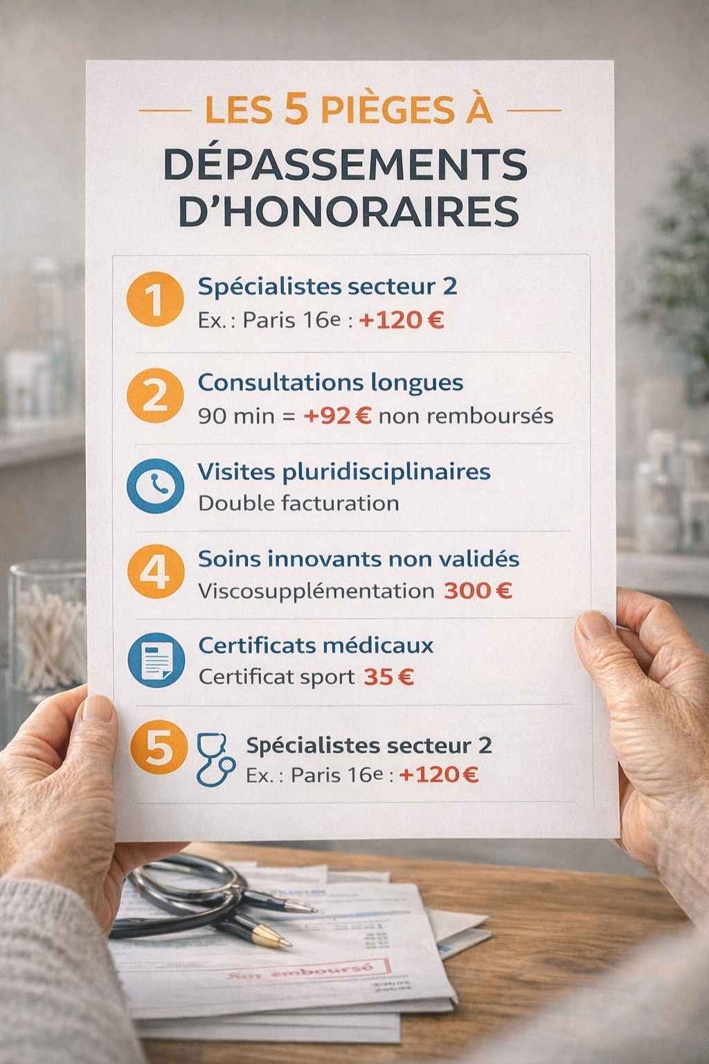 Infographie éducative listant les cinq principaux pièges de dépassements d'honoraires médicaux dans les grandes villes françaises