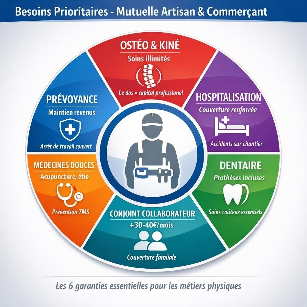 Diagramme circulaire illustrant les six besoins prioritaires en mutuelle santé pour les artisans et commerçants : ostéopathie, hospitalisation, dentaire, conjoint collaborateur, médecines douces et prévoyance
