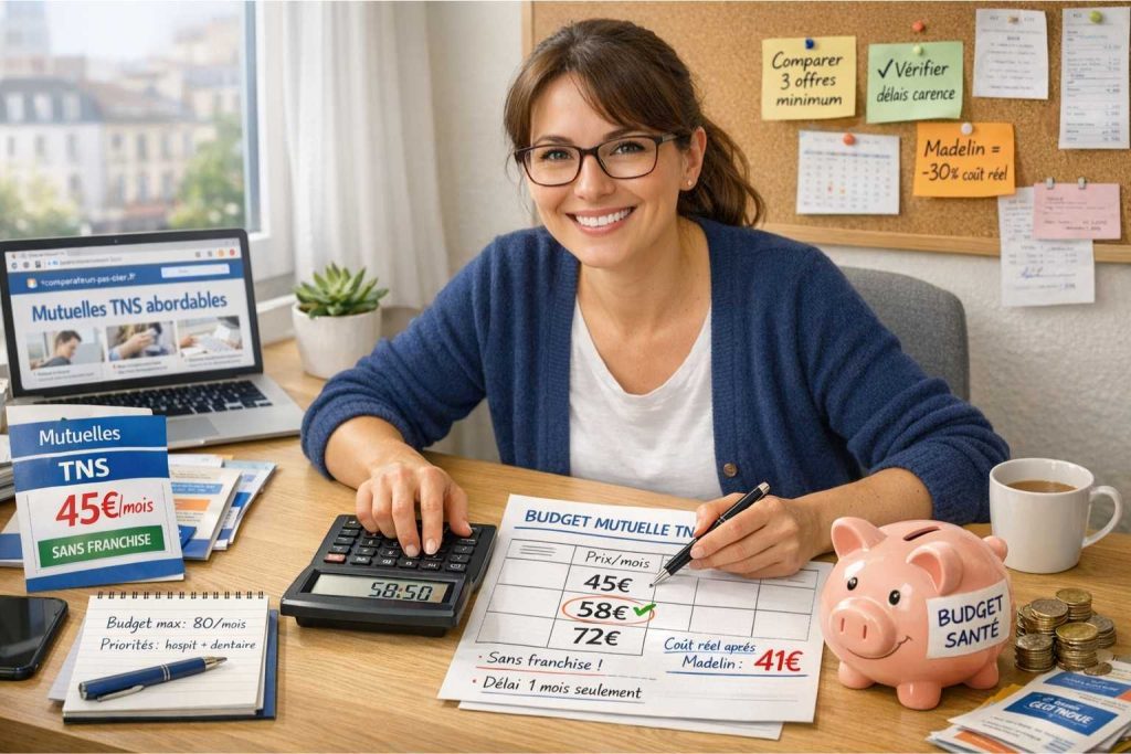Travailleuse indépendante TNS satisfaite planifiant son budget mutuelle avec calculatrice affichant 58€, tirelire rose, documents montrant prix abordables (45€, 58€, 72€/mois), notes Madelin économie, atmosphere optimiste contrôle budget