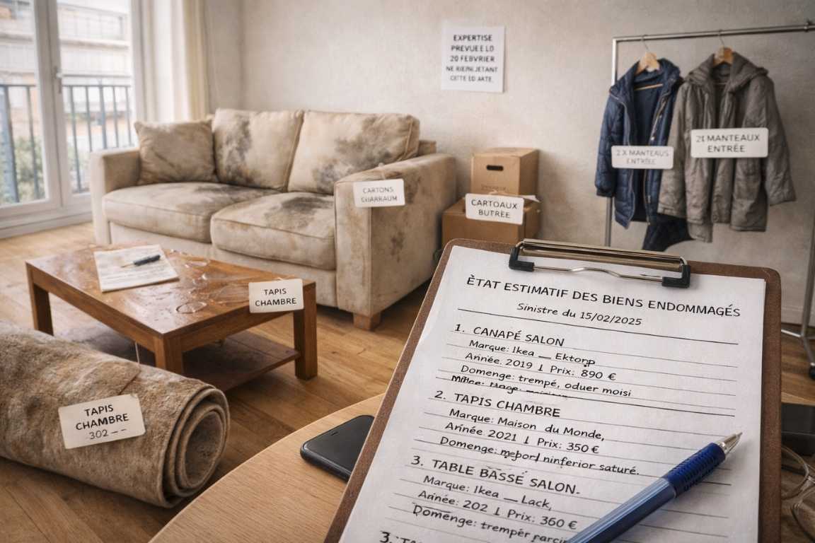 Chambre de stockage lumineuse avec biens endommagés organisés : canapé taché, tapis roulé, table avec traces d'eau, manteaux humides sur cintre, tous étiquetés individuellement. Au premier plan, un bloc-notes sur pince affiche une liste détaillée manuscrite de l'état estimatif des biens endommagés avec marque, année d'achat et nature du dommage pour chaque objet