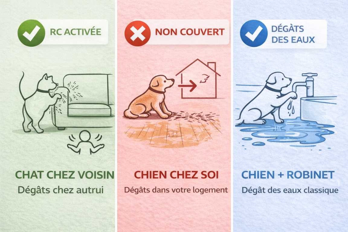 Trois pictogrammes côte à côte : 1) chat griffe canapé chez voisin avec coche verte RC Activée, 2) chien gratte parquet chez soi avec croix rouge Non Couvert, 3) chien ouvre robinet avec coche bleue Dégâts des Eaux (garantie classique activée)