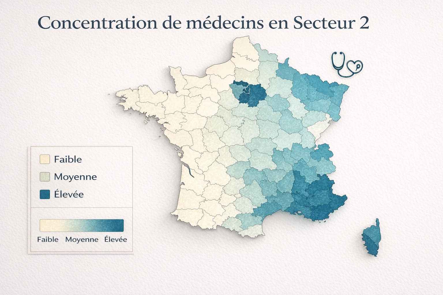 Carte de France illustrant la densité de médecins à honoraires libres (secteur 2) par région