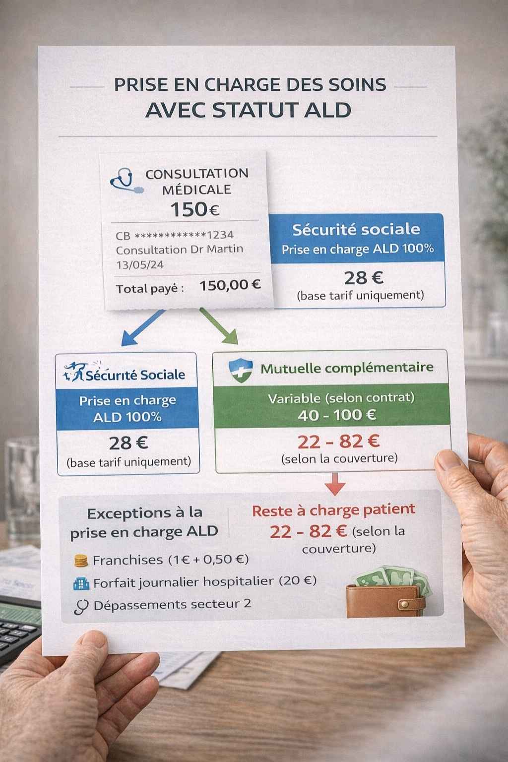 Schéma explicatif de la répartition des remboursements entre Sécurité sociale, mutuelle et patient en situation d'affection longue durée