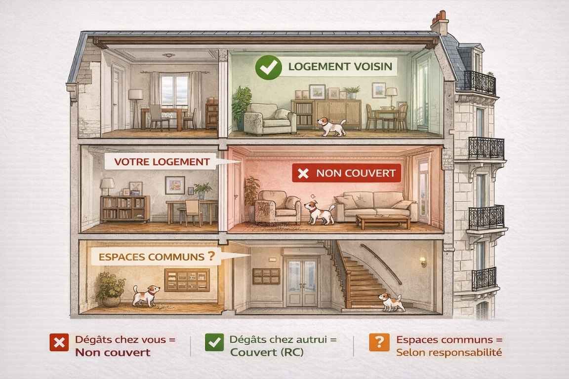 Coupe transversale d'un immeuble parisien montrant trois niveaux : appartement du propriétaire au centre en rouge (non couvert) avec chien et parquet griffé, appartement du voisin au-dessus en vert (couvert par RC) avec chien et fauteuil endommagé, escalier commun en orange (selon cas)
