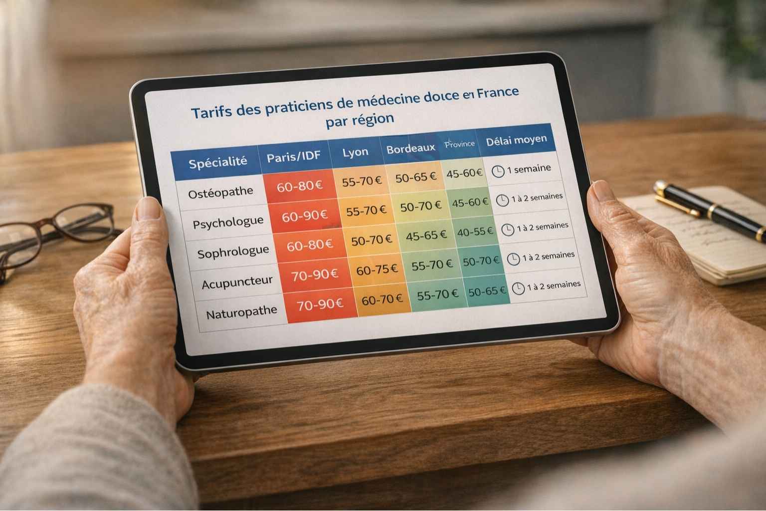 Tableau comparatif détaillé des tarifs de médecines douces et alternatives selon les régions françaises avec délais d'attente