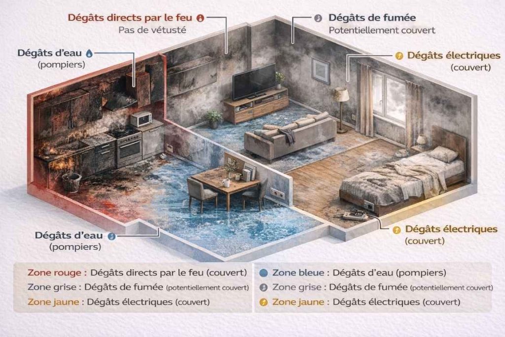 Illustration pédagogique appartement après incendie - dommages directs et indirects à déclarer assurance