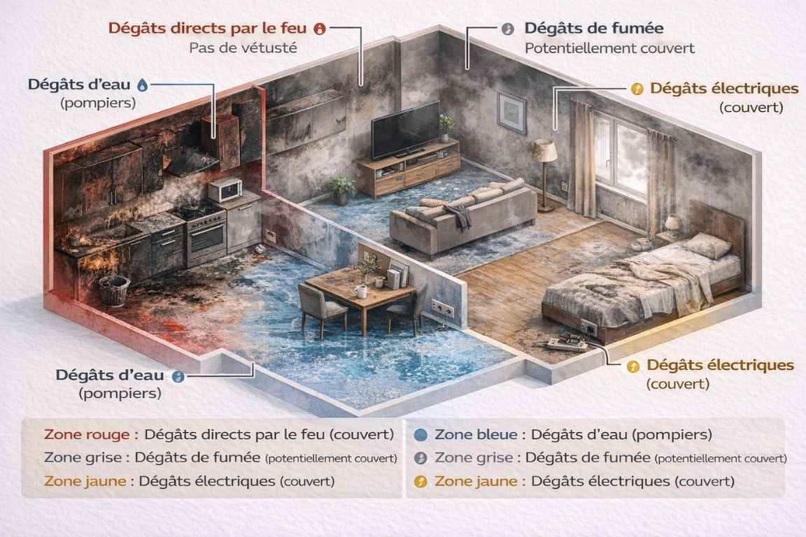Illustration pédagogique appartement après incendie - dommages directs et indirects à déclarer assurance
