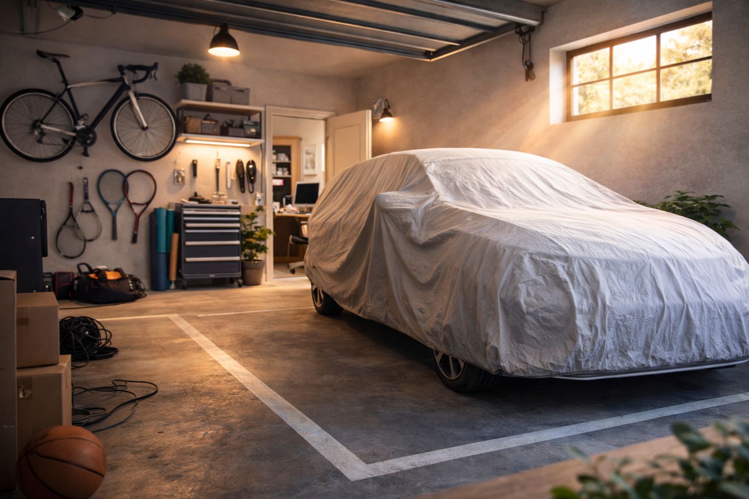 Garage résidentiel avec voiture stationnée en semaine - lifestyle sans usage quotidien