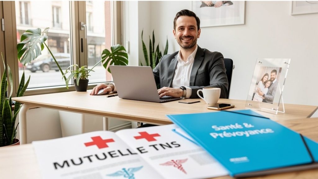 Entrepreneur français travaillant sereinement sur son ordinateur portable en consultant des documents de mutuelle TNS dans un bureau lumineux et moderne