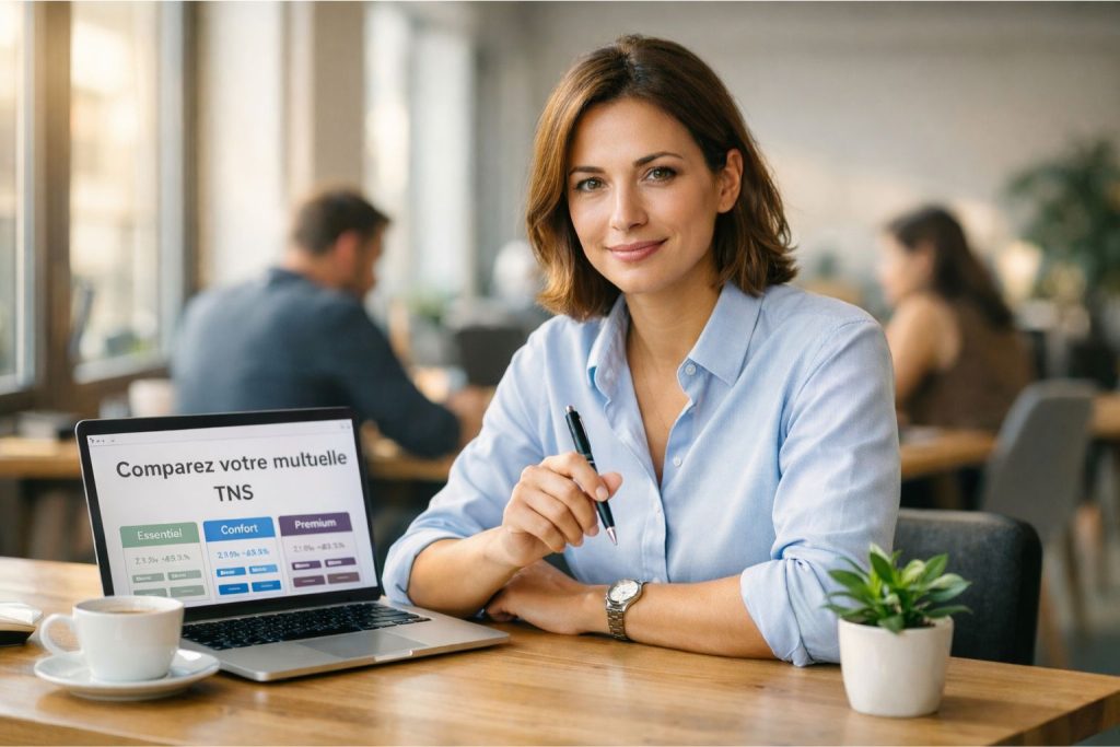 Auto-entrepreneur souriant devant son ordinateur en train de comparer des offres de mutuelle TNS dans un co-working parisien