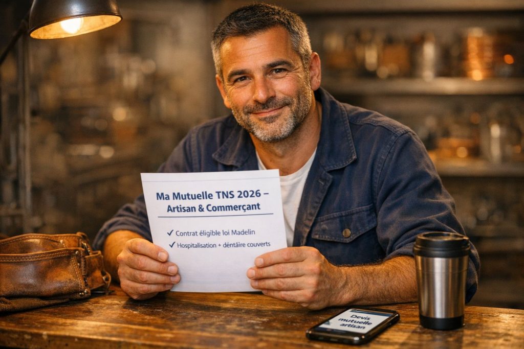 Artisan français en veste de travail navy assis dans son atelier tenant un document de mutuelle TNS 2026 avec des outils en arrière-plan flou