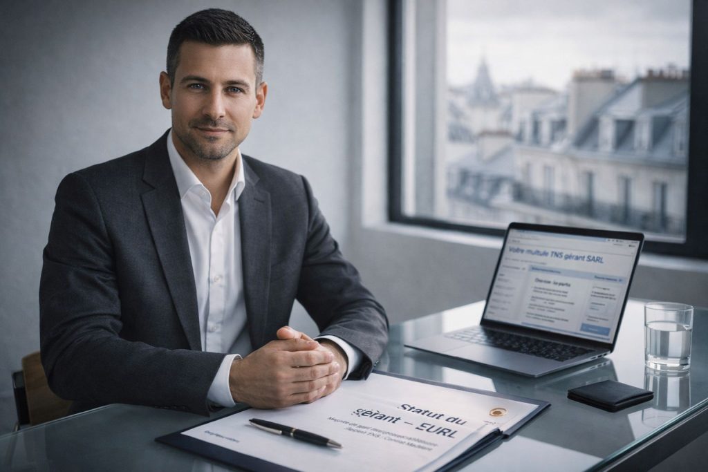 Gérant de SARL en costume gris assis à son bureau vitré avec un dossier statut TNS et son ordinateur affichant une interface de mutuelle gérant SARL en français