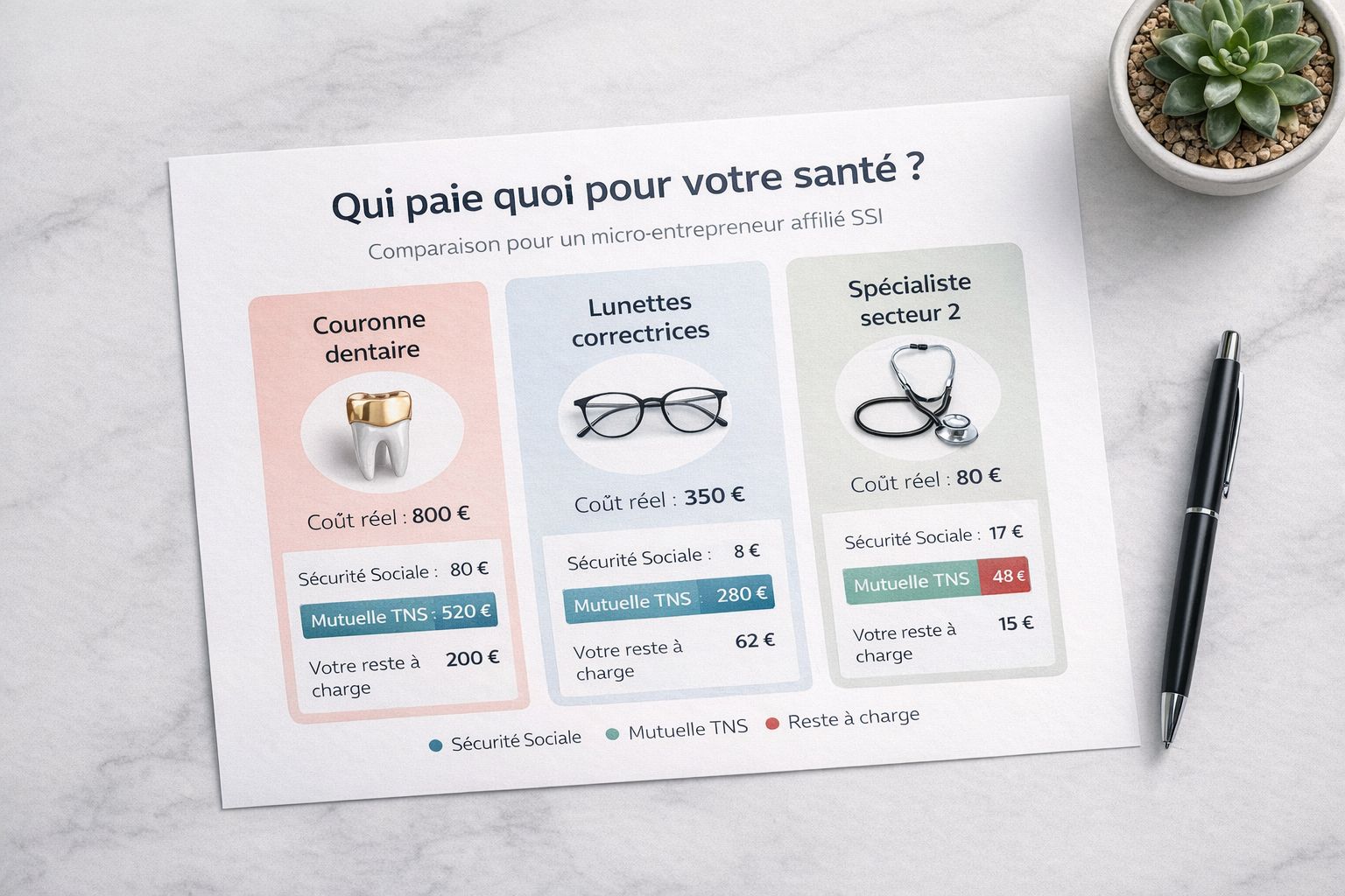 Infographie en français comparant les remboursements Sécurité Sociale, mutuelle TNS et reste à charge pour trois soins courants : couronne dentaire, lunettes et consultation spécialiste