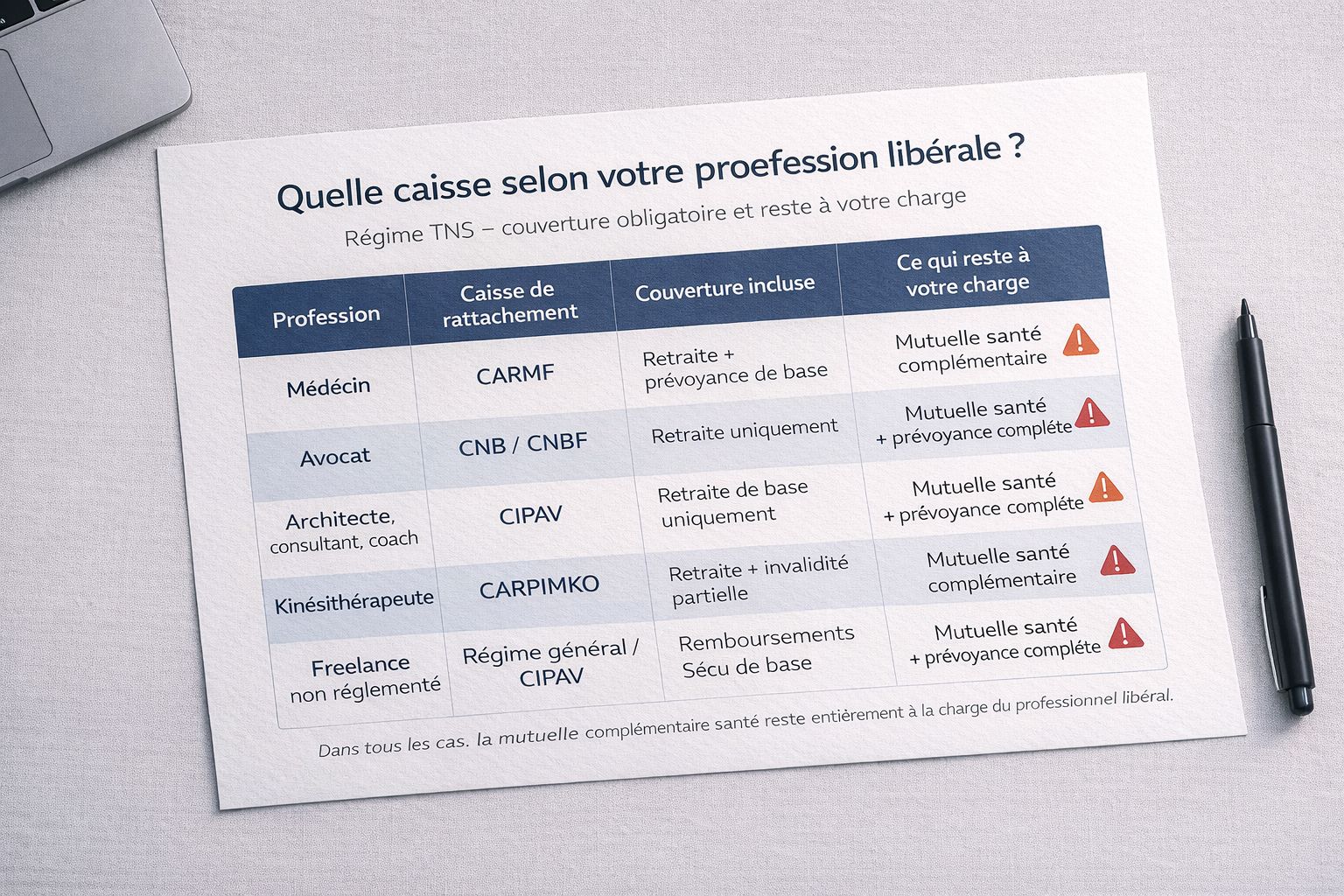 Tableau comparatif en français des caisses de rattachement des professions libérales TNS — CARMF, CIPAV, CNB, CARPIMKO — avec la couverture incluse et ce qui reste à la charge du professionnel
