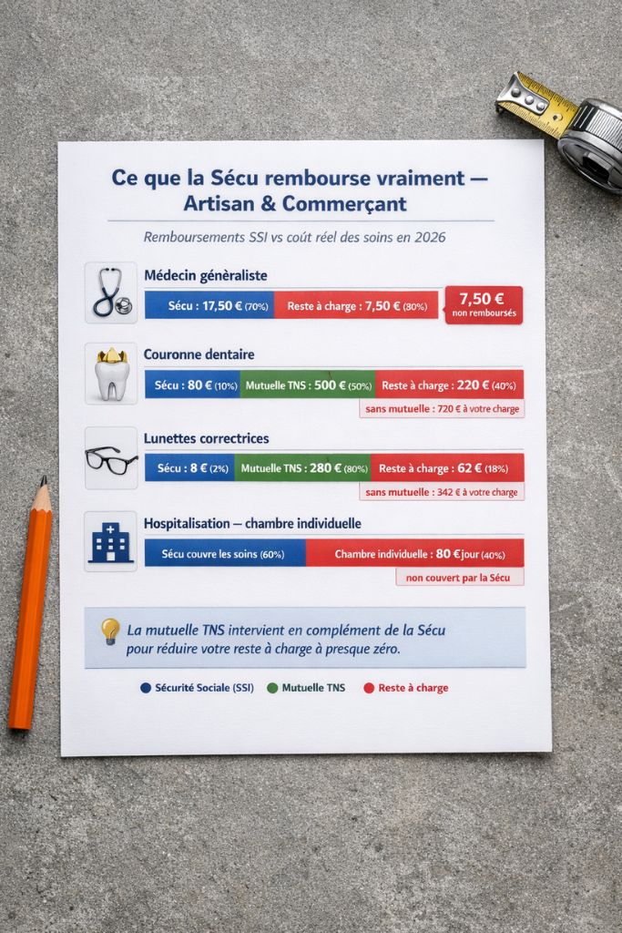 Infographie en français comparant les remboursements Sécurité Sociale SSI et le reste à charge pour un artisan sur quatre soins courants — médecin, couronne dentaire, lunettes et hospitalisation