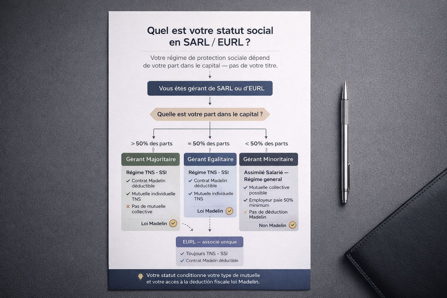 Schéma décisionnel en français du statut social d'un gérant de SARL ou d'EURL selon sa part dans le capital — gérant majoritaire TNS, gérant minoritaire assimilé salarié et gérant d'EURL avec accès ou non à la <a href=