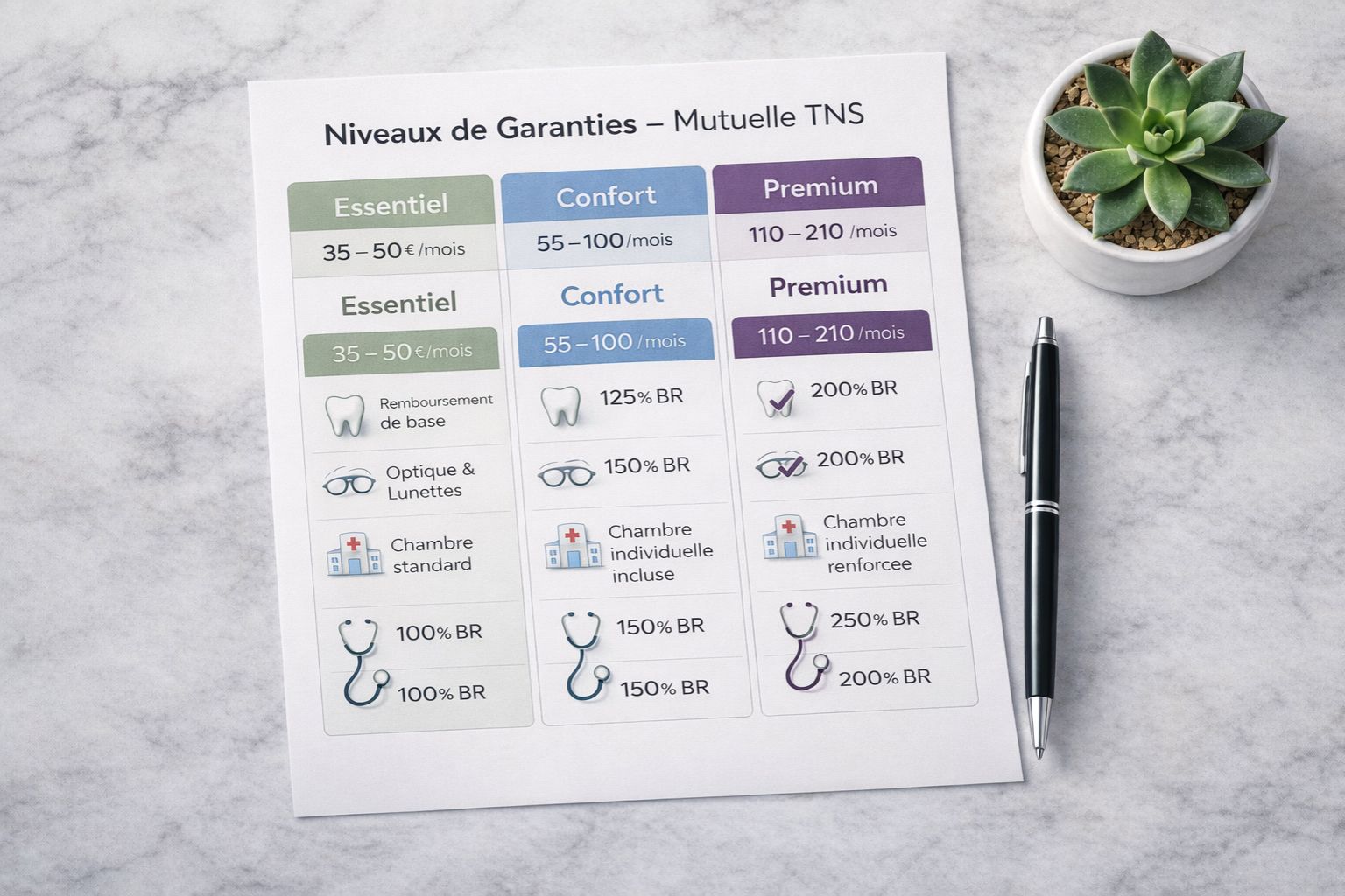 Tableau comparatif des garanties mutuelle TNS : niveaux Essentiel, Confort et Premium avec icônes dentaire, optique, hospitalisation et médecin spécialiste