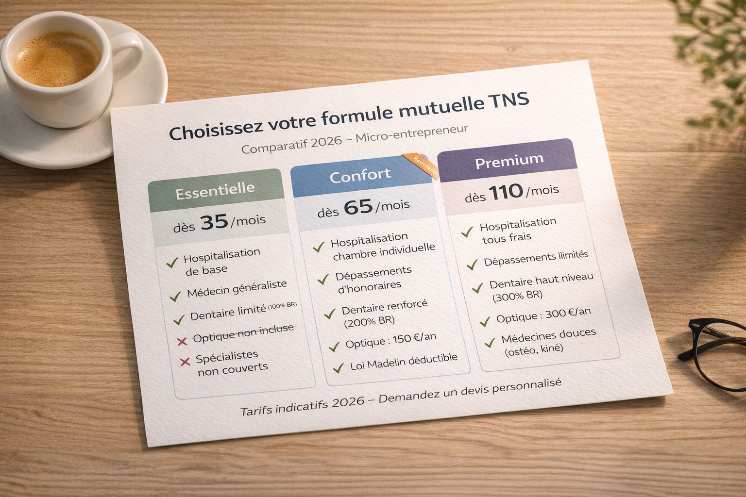 Tableau comparatif en français des trois formules de mutuelle TNS pour micro-entrepreneur : essentielle, confort et premium avec garanties et tarifs 2026