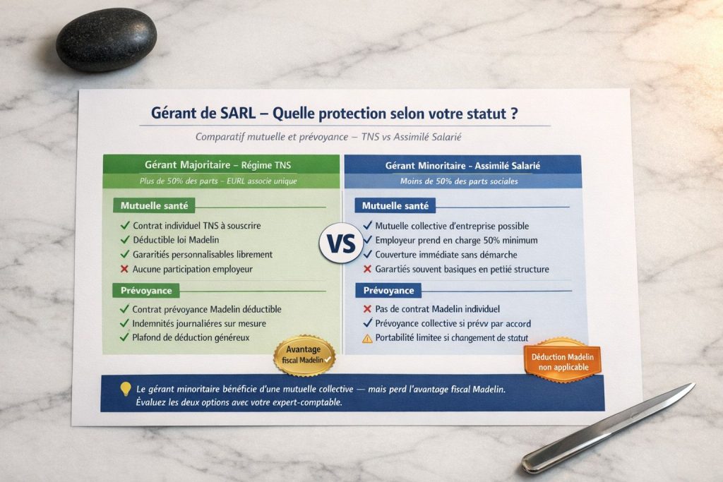 Infographie comparative en français entre gérant majoritaire de SARL relevant du régime TNS et gérant minoritaire assimilé salarié — mutuelle santé, prévoyance et avantage fiscal loi Madelin pour chaque statut