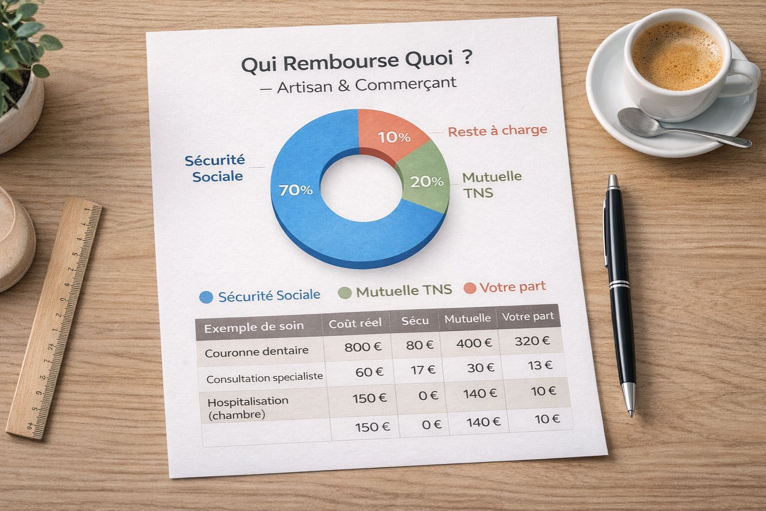 Infographie répartition des remboursements de santé pour un artisan : Sécurité Sociale, mutuelle TNS et reste à charge en euros