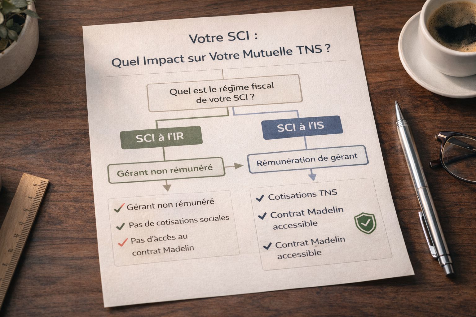 Arbre décisionnel SCI à l'IR versus SCI à l'IS : impact sur le statut social du gérant et l'accès au contrat de mutuelle Madelin
