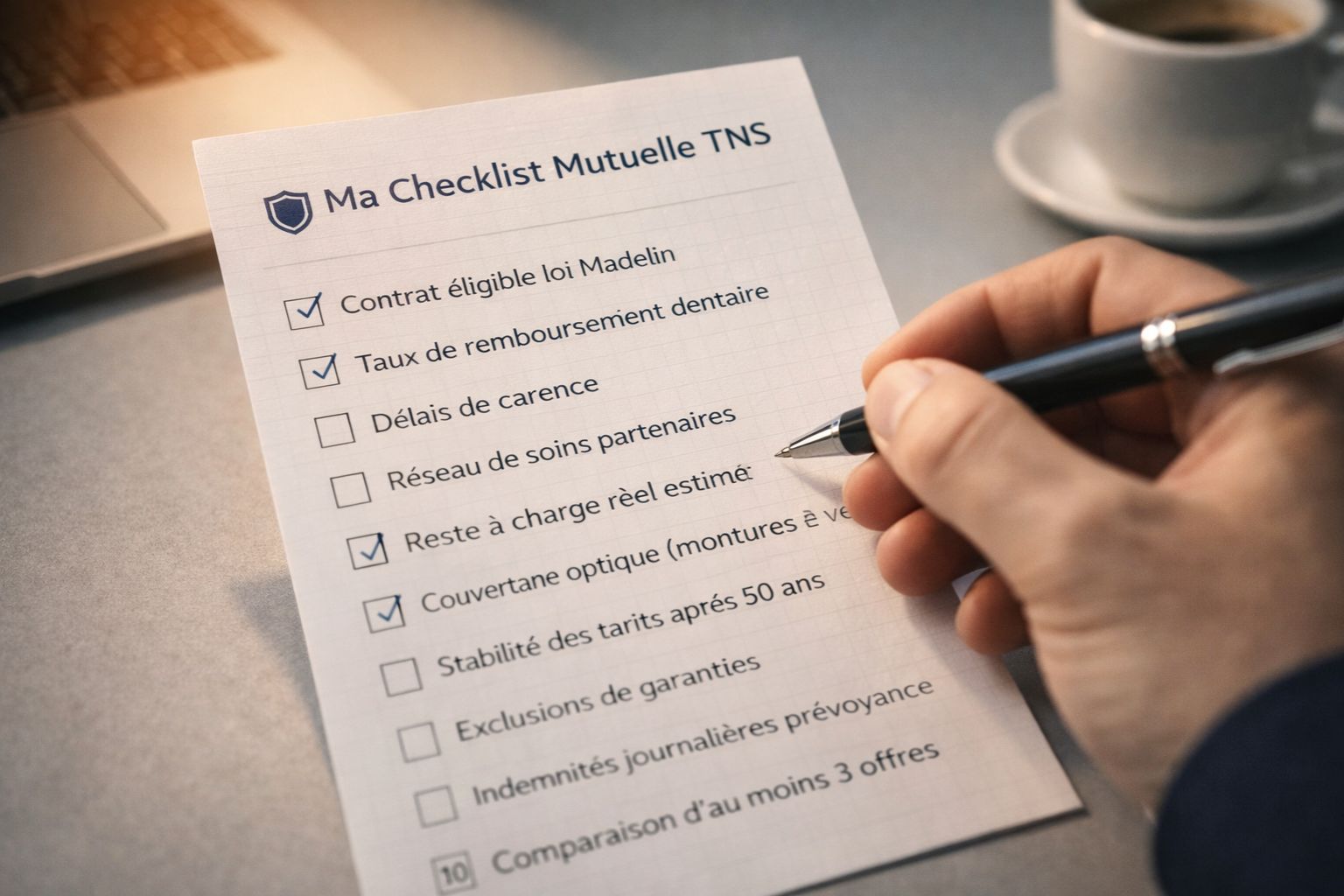 Main cochant une checklist en français des 10 points essentiels à vérifier avant de signer un contrat de mutuelle TNS : Madelin, garanties, délais de carence