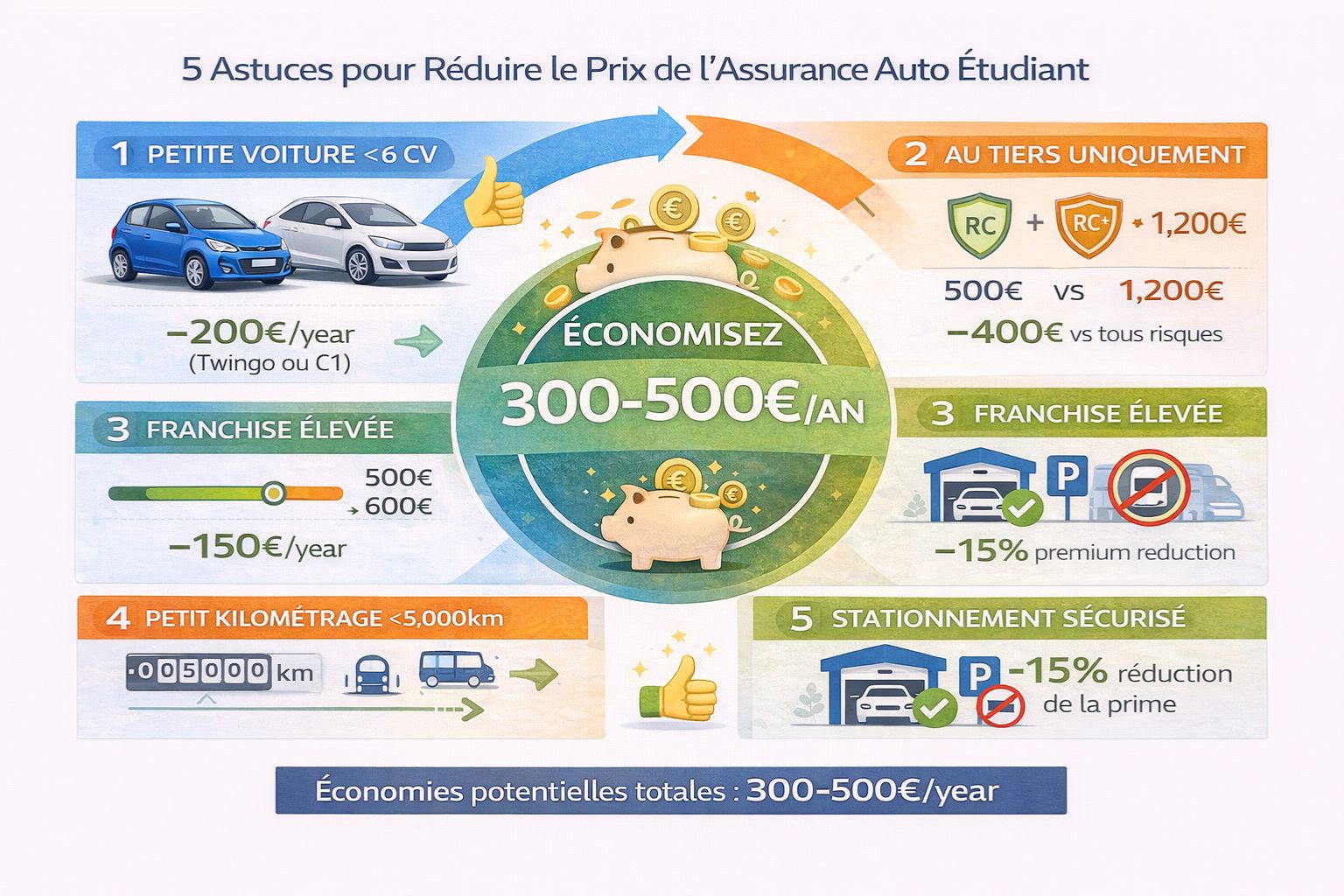 Infographie 5 astuces réduire assurance auto étudiant - Économies concrètes budget serré