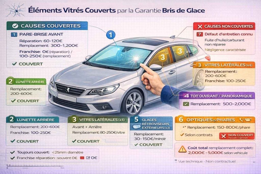 Schéma technique d'une voiture annotant tous les éléments vitrés couverts par la garantie bris de glace