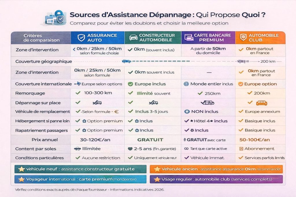 Tableau comparant quatre sources d'assistance dépannage : assureur, constructeur, carte bancaire, club automobile