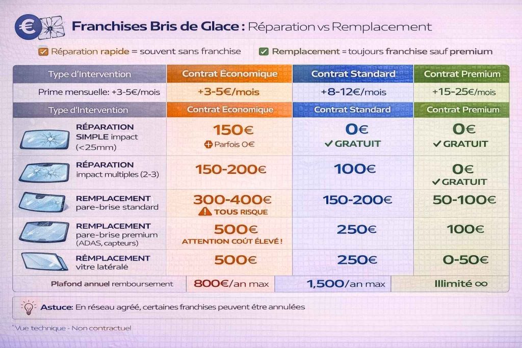 Tableau comparant les franchises de bris de glace selon le type d'intervention et le niveau de contrat d'assurance