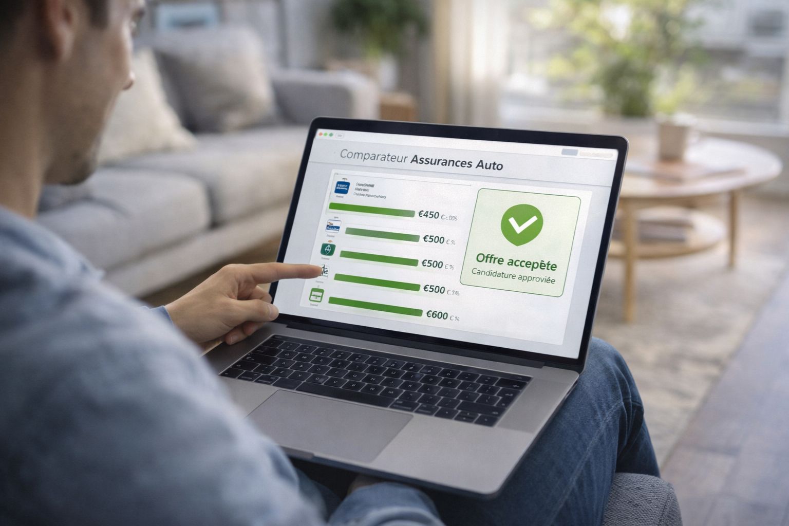 Utilisateur satisfait trouvant une assurance auto adaptée sur un site comparateur en ligne.