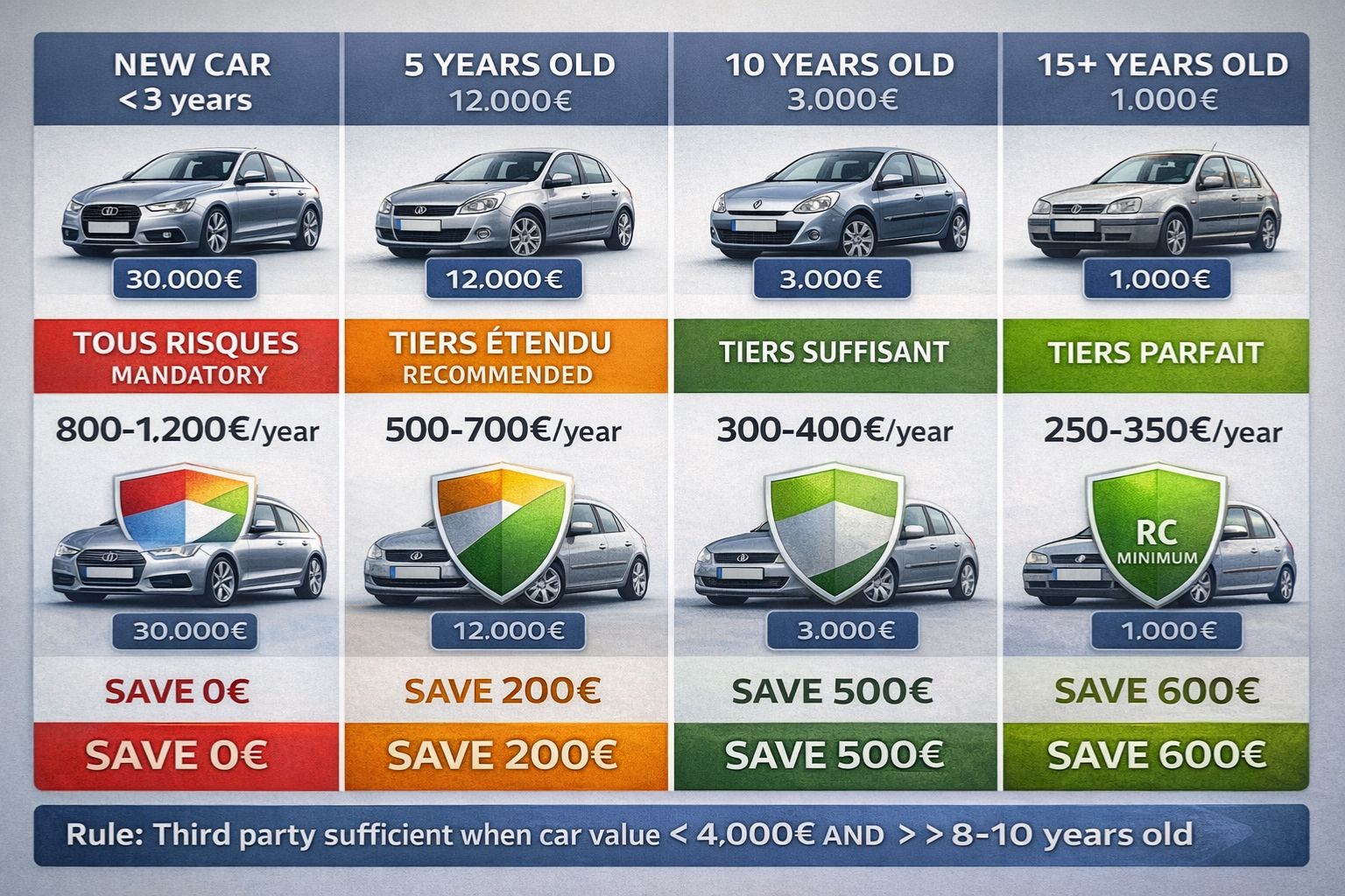 Tableau comparatif assurance selon âge voiture - Tous risques, tiers étendu, tiers recommandations