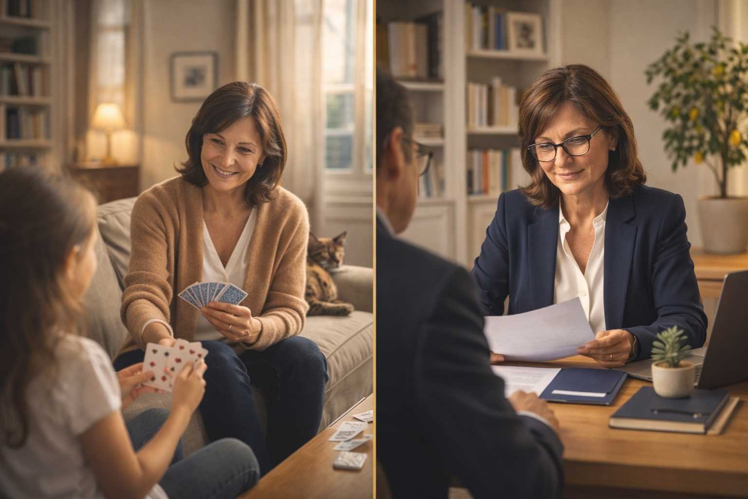 Image en diptyque montrant la même femme senior dans deux contextes distincts : à gauche en famille dans son salon pour la RC vie privée, à droite en réunion professionnelle à domicile pour la RC professionnelle