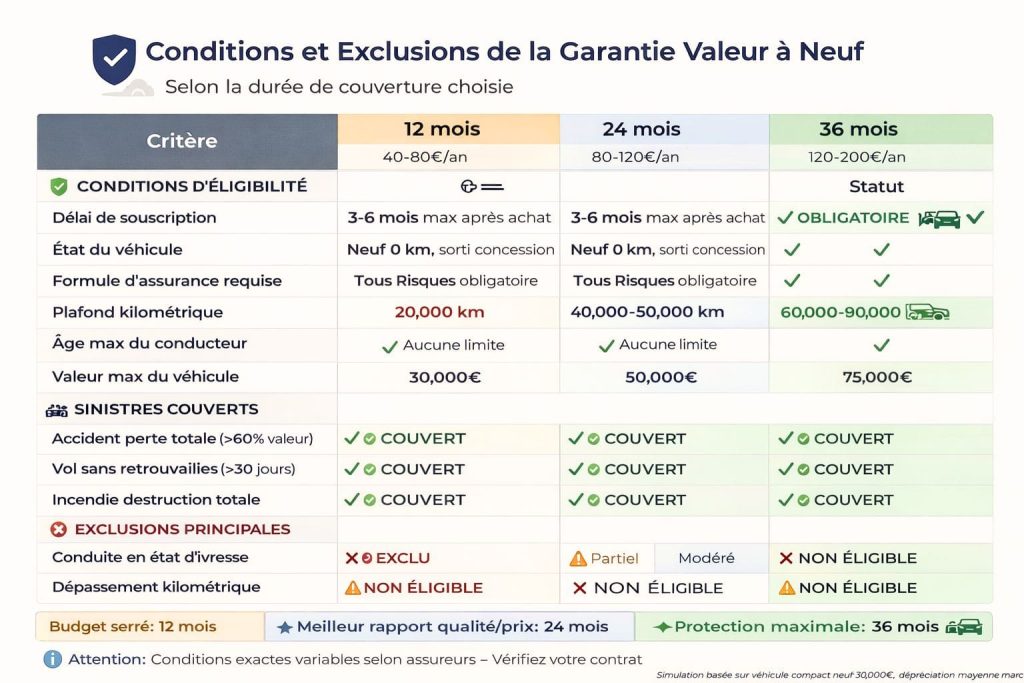 Tableau récapitulatif des conditions d'éligibilité et exclusions de la garantie valeur à neuf selon la durée