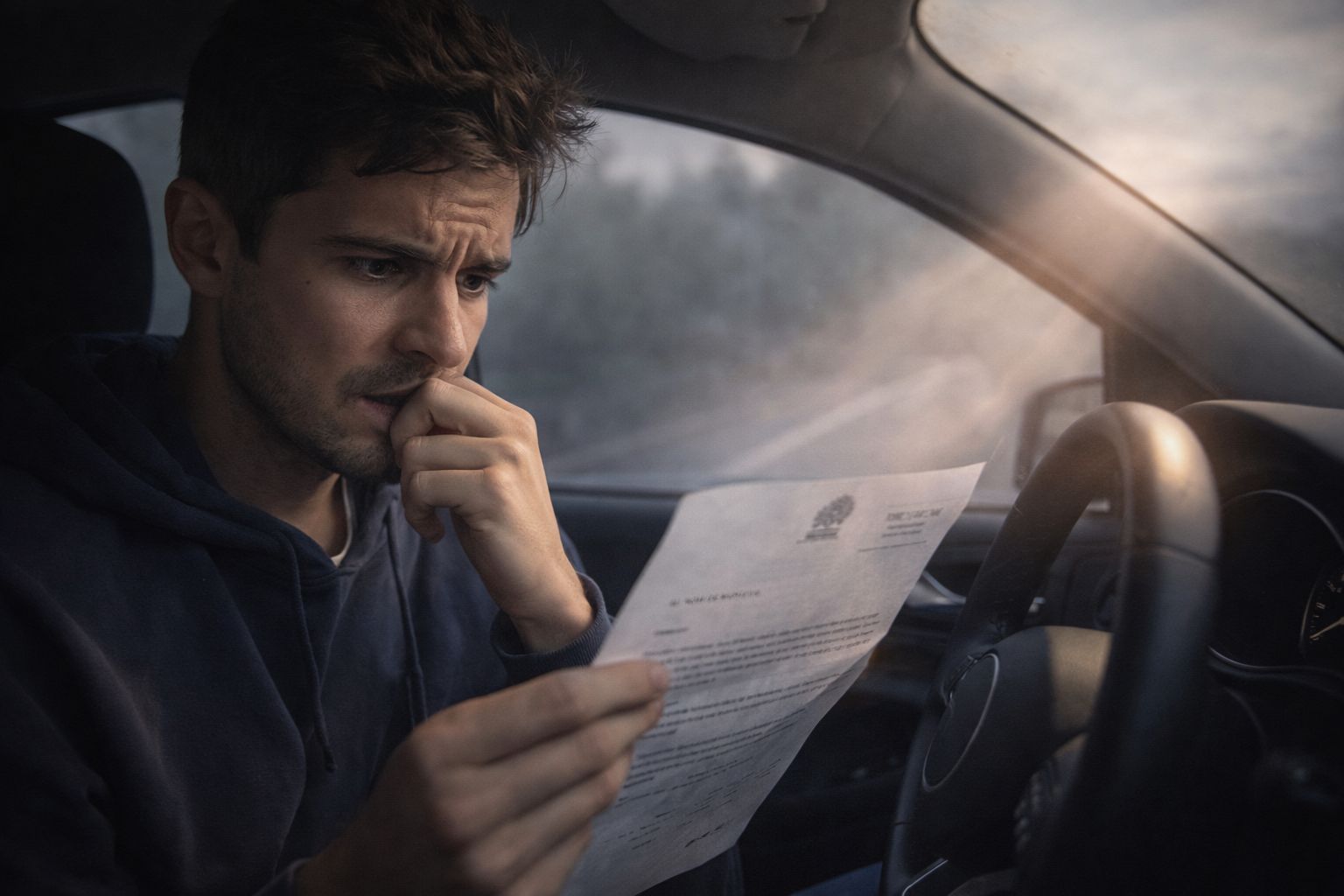 Conducteur stressé lisant une lettre de résiliation d'assurance automobile à l'intérieur de sa voiture.
