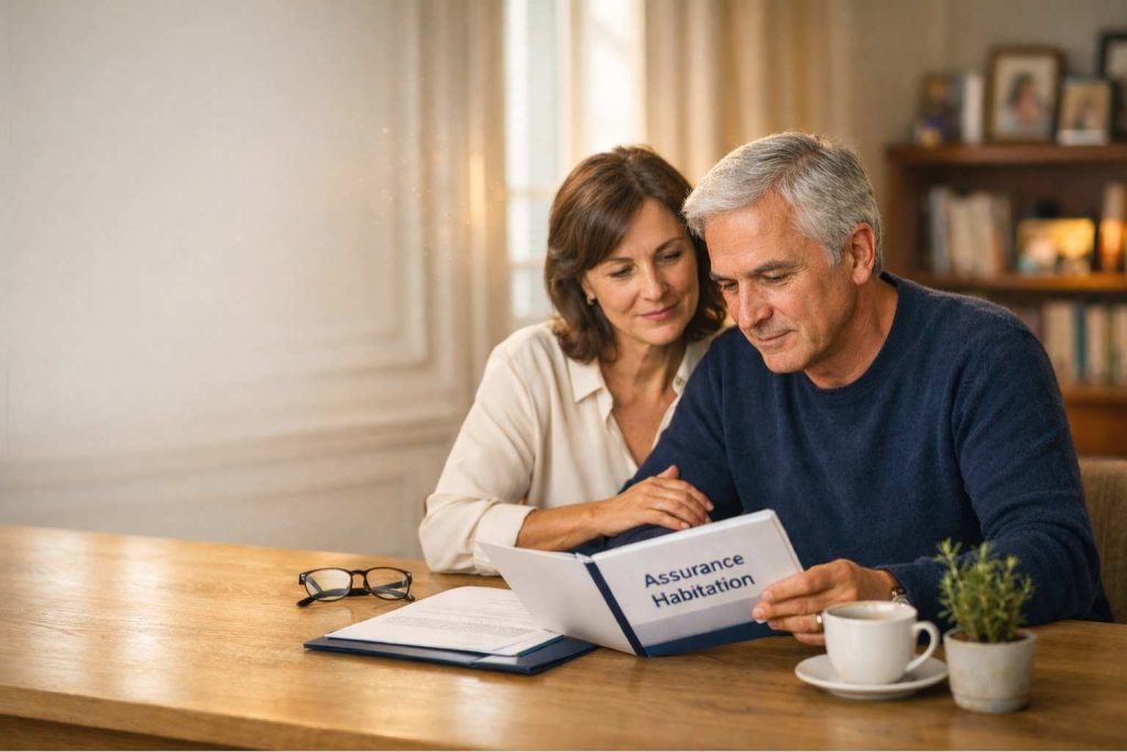 Un couple de seniors français consulte leur contrat d'assurance habitation à leur table, illustrant la responsabilité civile vie privée incluse dans la MRH