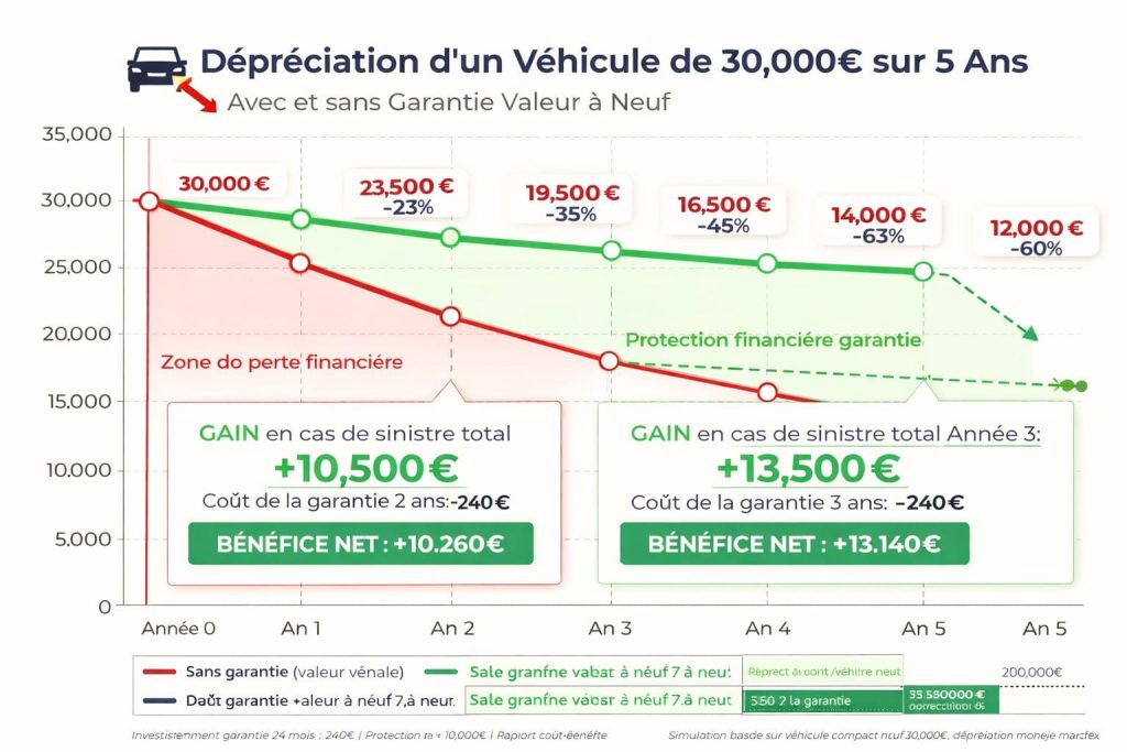 Graphique comparant la dépréciation d'une voiture neuve de 30 000€ sur 5 ans avec et sans garantie valeur à neuf