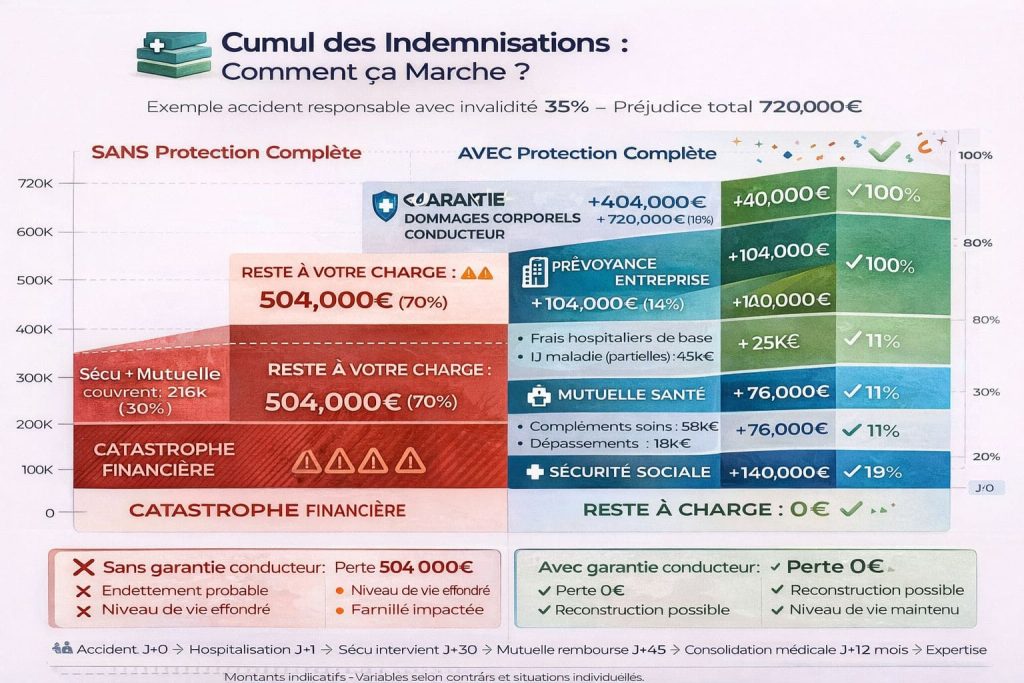 Schéma montrant le cumul progressif des indemnisations entre Sécu, mutuelle, prévoyance et garantie conducteur