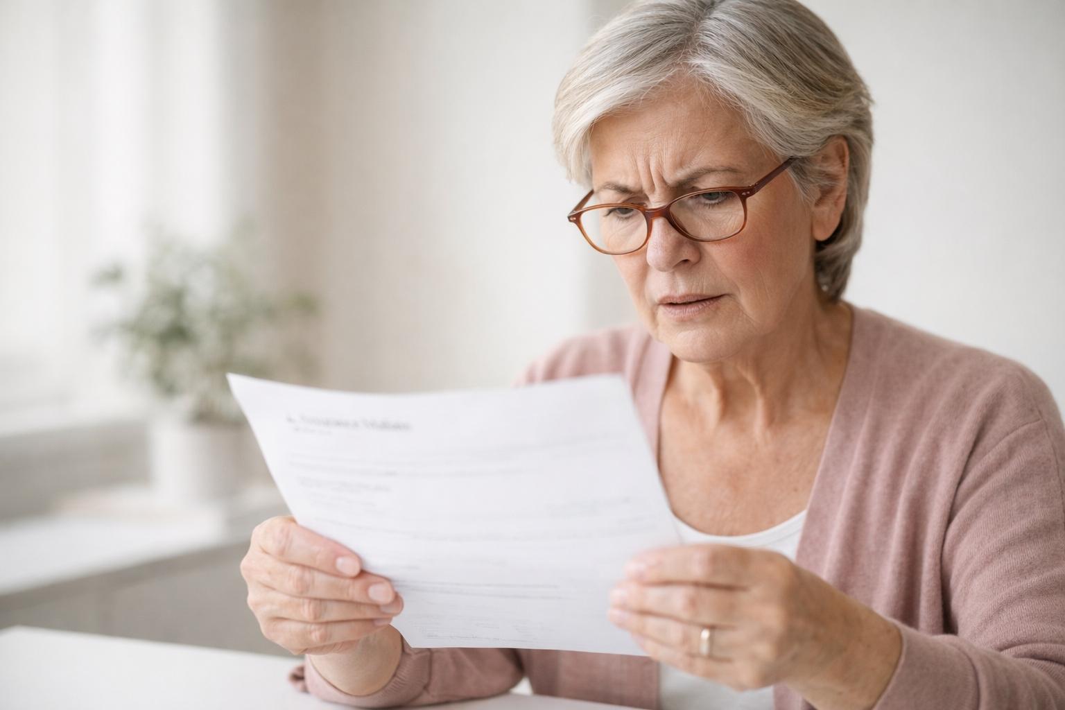 Une femme senior examine avec étonnement son relevé de remboursement Assurance Maladie